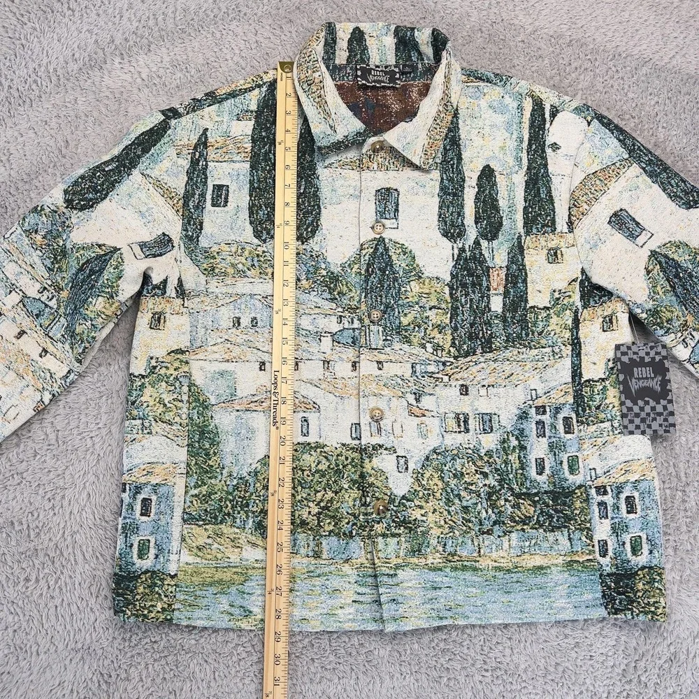 Rebel Vengeance Jacket Mens Large Multicolor Tapestry Art Cityscape Bomber